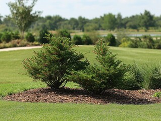 Two small evergreen shrubs grow in a mulched bed surrounded by vibrant green grass with trees and water in the distant background.