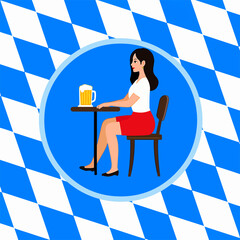 From the series "oktoberfest", girl sitting at a table with a glass of beer, on the background of traditional bavarian pattern with blue and white diamonds
