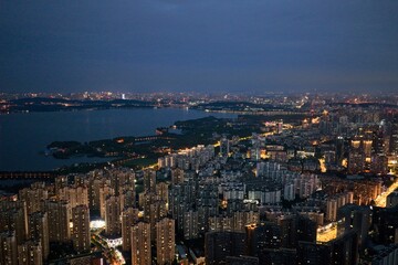Night aerial view of Wuhan city, China