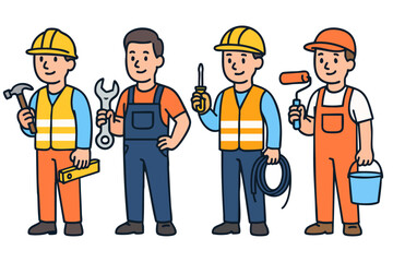 Color illustration featuring four male workers: a builder, a mechanic, an electrician, and a painter