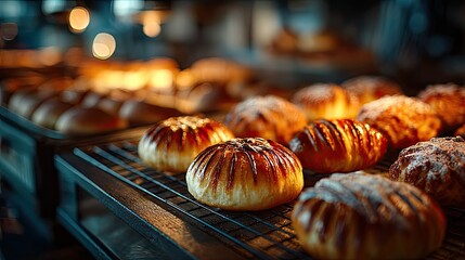 Fresh pastries displayed on bakery rack with warm lighting representing dessert, breakfast, and artisanal baking