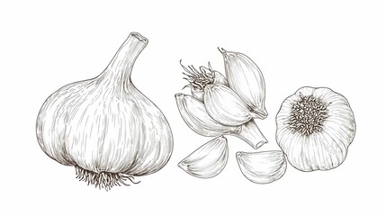 Hand drawn illustration of garlic bulbs and cloves.