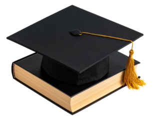 A - Graduation Cap with Golden Accents Resting on Closed Book, Flat Lay Top View, Isolated on Transparent Background”