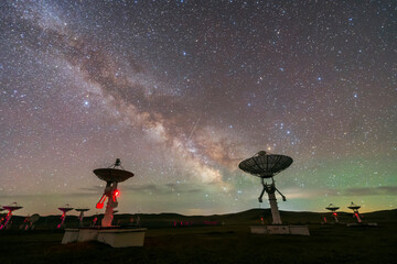 radio telescope on the background of stellar tracks, The observatory's radio telescope