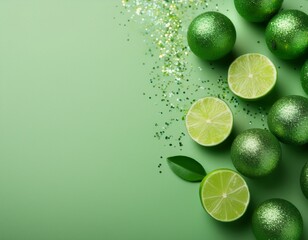 Pale green glitter Lime fruits on pale green background with copy space. Generated image