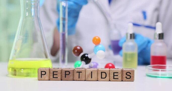 A dynamic laboratory scene vividly showcasing peptide research through the use of colorful molecular models