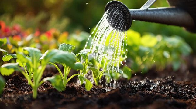 Watering Young Plants in a Garden