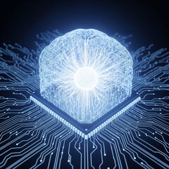 Futuristic AI & Big Data Concept: Glowing Human Brain Powered by Processors – Symbolizing the Fusion of Human Intelligence & Machine Learning. Tech Evolution