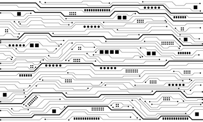 Abstract black circuit board technology connected lines electronics elements computer motherboard chip processor semiconductor digital on white background vector