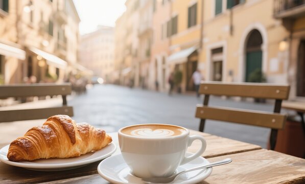 Latte and Fresh Pastry at a Florence Caf&eacute; Table with Sunlight and Historic Italian Street View, Morning Mood