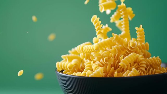 A bowl of pasta is shown in the air, with many pieces of pasta flying around. The bowl is black and the pasta is yellow. Concept of motion and energy, as if the pasta is being tossed or thrown