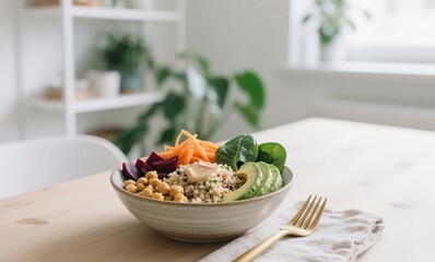 Vegan Buddha bowl in clean Scandinavian space with white interior, wooden table and linen props