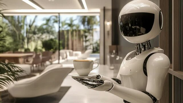 A white robot serves coffee in a modern home