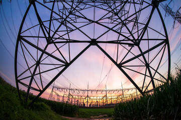 The pylons are in the evening, Substation in the evening, High voltage substation and beautiful...