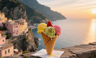 Italian ice cream captured in golden hour with cliffside village and sea view on Amalfi coastline