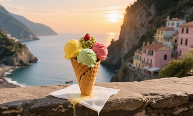 Gelato moment by the sea with warm light and coastal backdrop on Italy’s famous Amalfi shore