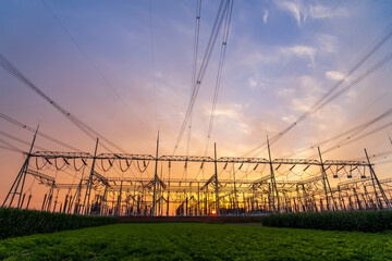 The pylons are in the evening, Substation in the evening, High voltage substation and beautiful...