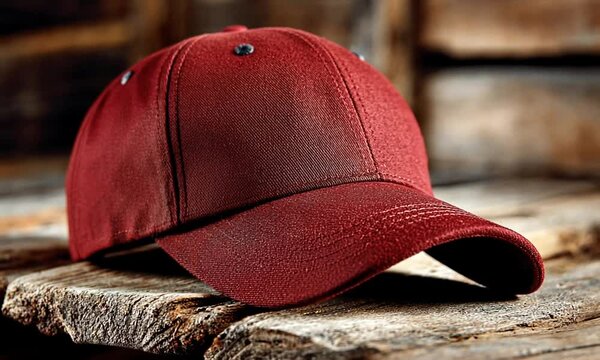 A red baseball cap on a wood surface