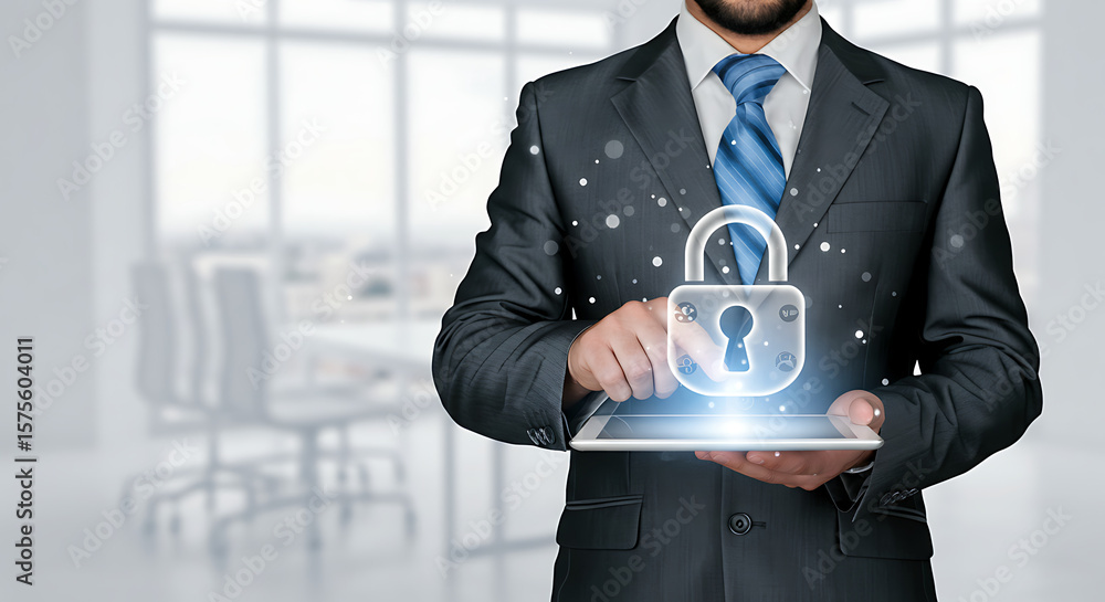 Poster man in suit holding tablet with digital padlock overlay representing security and data protection