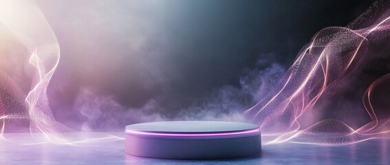 Circular platform illuminated with purple light surrounded by colorful mist and ethereal waves