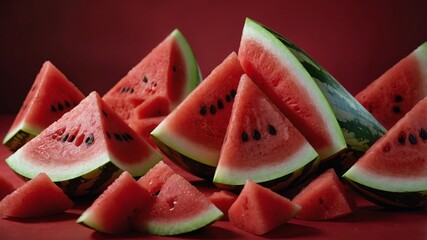 Fresh watermelon slices in a red background photo studio. Generative AI illustration