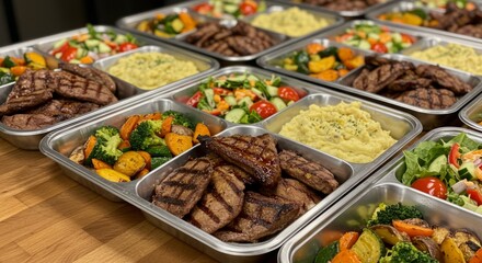 Grilled steak and veggies in meal prep containers for healthy eating and weekly planning