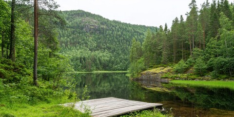A serene lake surrounded by dense green forest and hills, with a wooden dock extending into calm water reflecting the lush landscape.