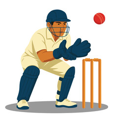 Flat vector illustration of a cricket wicketkeeper in protective gear, ready to catch the ball behind the stumps during a match, isolated on white background