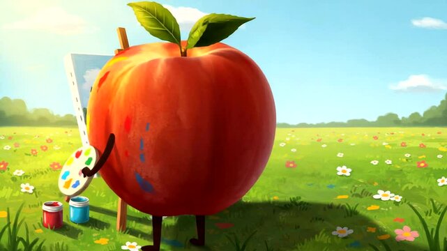 Cartoon apple character painting a landscape on canvas in a vibrant outdoor setting