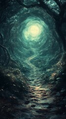 Walking Dark Forest Trail to Light Path Ahead Adventure