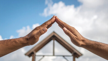 Protective Hands Forming Roof Over House Frame
