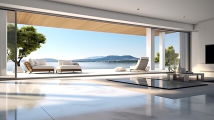 Obraz premium Framed from the veranda, a spacious minimalist villa interior with polished concrete floors, white walls, low-profile furniture, and panoramic glass doors .