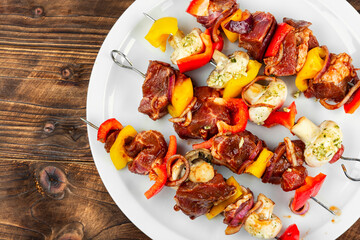 Raw Meat Shish Kebab, Marinated Meat.