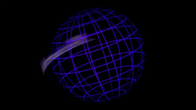 A rotating wireframe globe with letters network appearing and disappearing navy