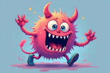 neon pastel Funny Colorful Freaking Teasing Monster. Hilarious cartoon playful monster running illustration