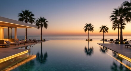 Infinity pool at sunset with modern architecture and palm trees