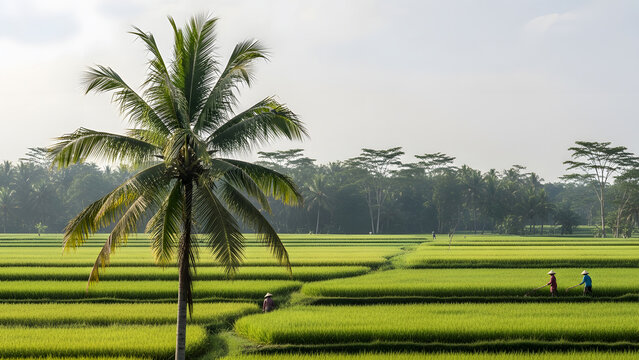 Serene sunrise over vibrant green rice paddies with palm trees in Bali, Indonesia. Capturing the picturesque landscape and rural life of traditional rice cultivation.