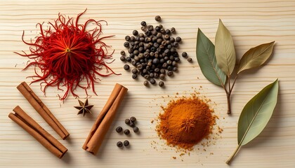 Vibrant display of spices and herbs in a culinary setting showcasing rich textures and colors on a wooden surface Generative AI