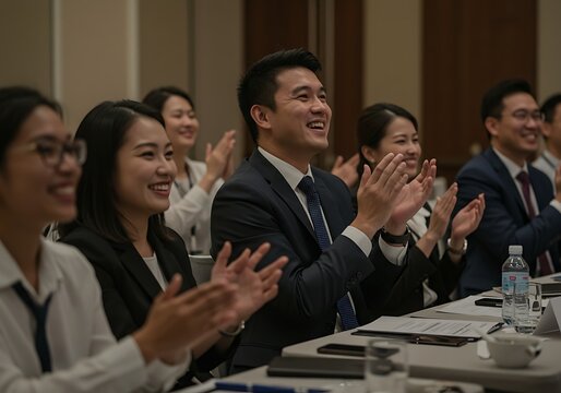 Group of business professionals standing and clapping in a corporate meeting room, celebrating success or applauding a presentation. Smiling faces and formal attire highlight a positive work culture.