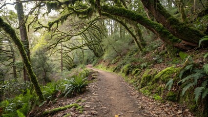 Dirt forest trail is winding through flat design woodland, with vines, moss, ferns, 