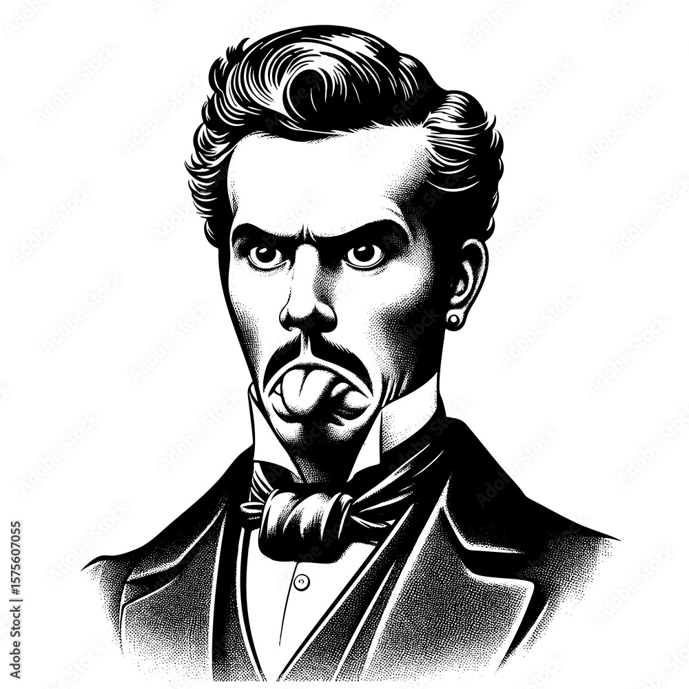 Poster man in formal attire sticking out his tongue with a defiant and grumpy expression sketch engraving g
