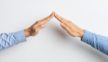 Hands Forming Protective Roof Gesture in Blue Shirts