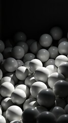Dynamic Abstract Composition of Numerous Smooth Matte White Spheres Densely Packed in a Confined Black Space