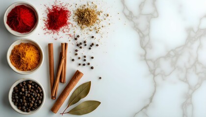 Colorful assortment of spices arranged on a marble surface showcasing various textures and flavors perfect for culinary creations or decorative purposes Generative AI