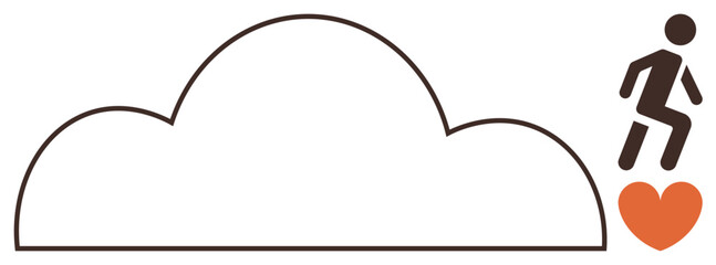 Stick figure jumps from an orange heart to a cloud shape, symbolizing care, positivity, and aspiration. Ideal for themes thumbs up motivation, mental health, care, self-improvement, emotions growth