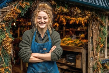 Cheerful Shopkeeper in an Apron at a Rustic Market Stall