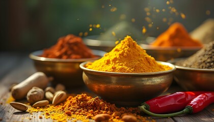Brightly colored spices in decorative bowls arranged on a wooden table with scattered herbs and peppers in a kitchen setting during the golden hour Generative AI