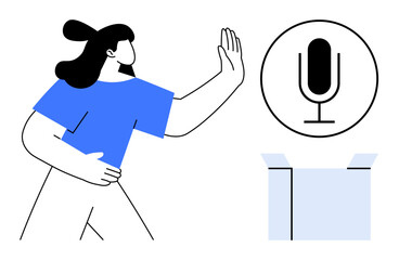 Woman raising hand in stop gesture near microphone icon symbolizing privacy, boundaries, or voice control. Ideal for security, communication, privacy, boundaries, technology, AI interaction simple