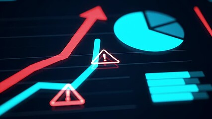 Market Data Analysis Chart with Red Arrows and Warning Signs on Dark Background - Powered by Adobe