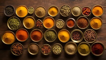 Various spices arranged in bowls on a wooden table highlighting vibrant colors and diverse textures from culinary traditions Generative AI